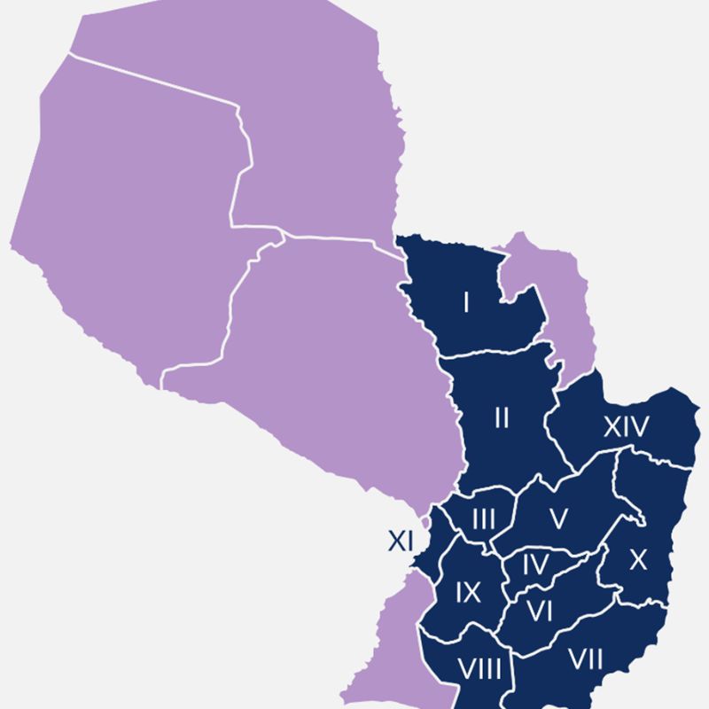 Mapa del Paraguay con áreas de intervención del proyecto Y Kuaa